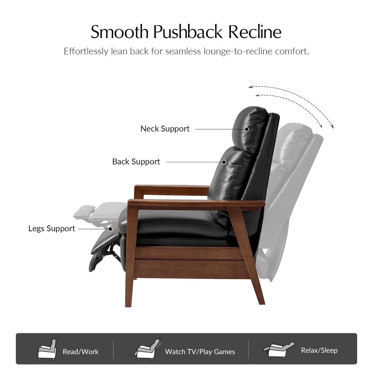 Genuine Leather Recliner with Rubber Wood Arms, Black
