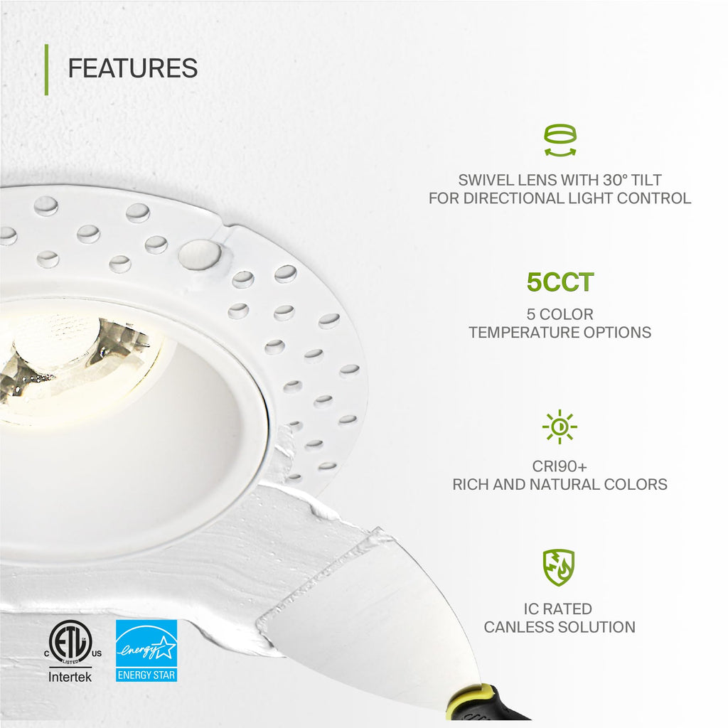 2 Inch Trimless Gimbal LED Recessed Ceiling Light Fixture, Adjustable Directional Downlight with Junction Box, 5CCT