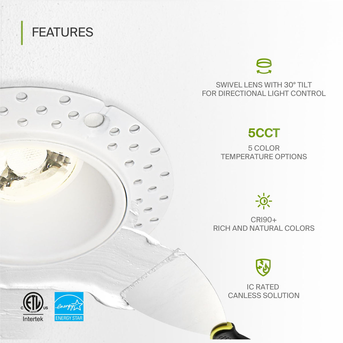 2 Inch Trimless Gimbal LED Recessed Ceiling Light Fixture, Adjustable Directional Downlight with Junction Box, 5CCT