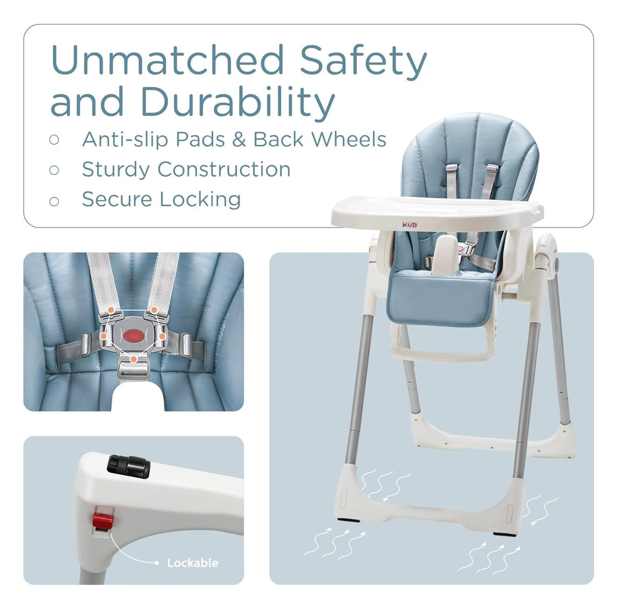 3-in-1 Foldable & Portable Baby High Chair with 2 Lockable Wheels(Blue) | 7 Height & 4 Recline Adjustable High Chairs