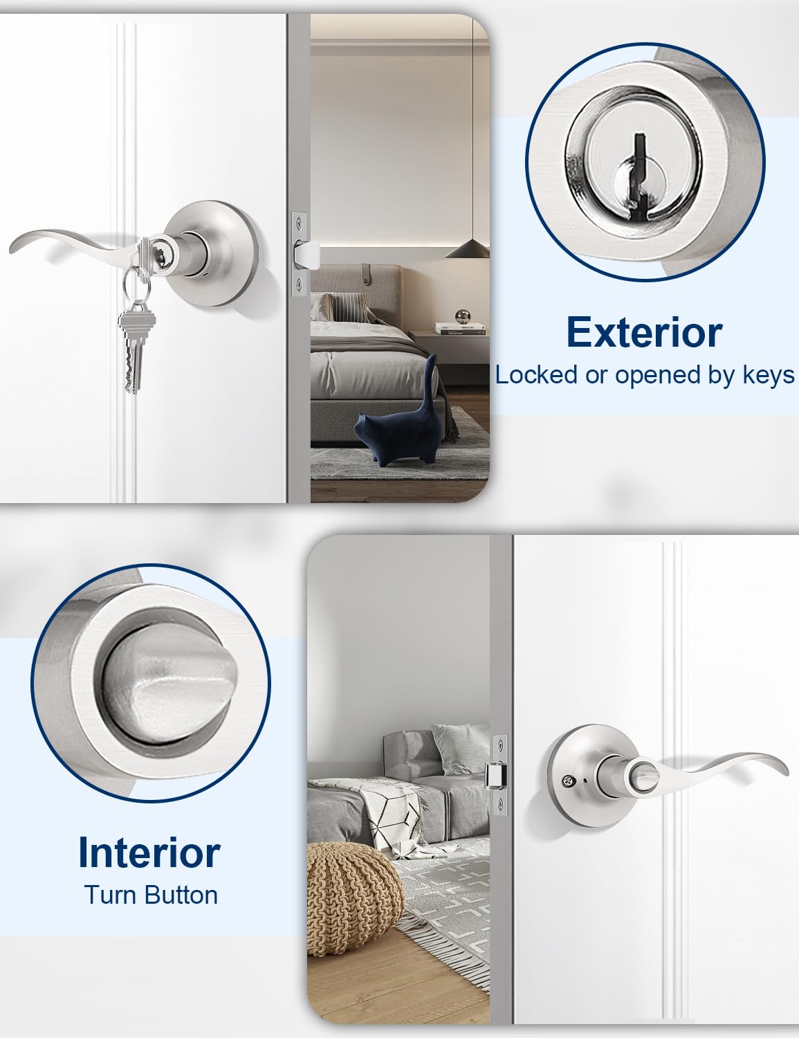 3 Pack Exterior Door Handle Entry Door Lever with Lock and Key, Entrance Door Handles Lockset in Satin Nickel Each