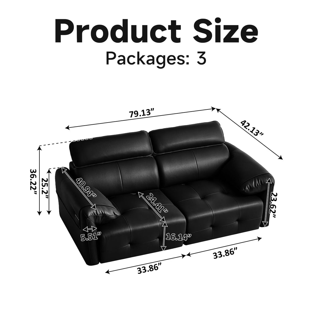 Genuine Leather Electric Pull Out Couch, Power Reclining Sofa with Adjustable Headrests | Extendable Footrest | USB &