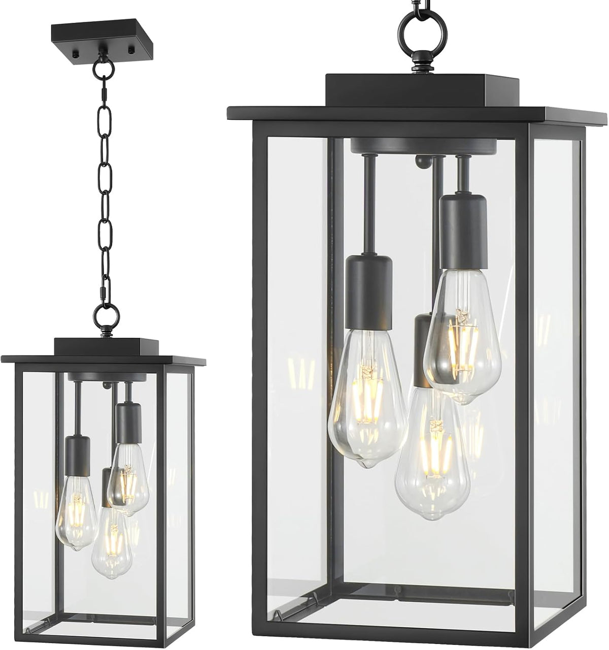 Outdoor Pendant Light Fixture E26 3-Light Modern Black Metal Outside Chandelier Exterior Hanging Fixture Ceiling