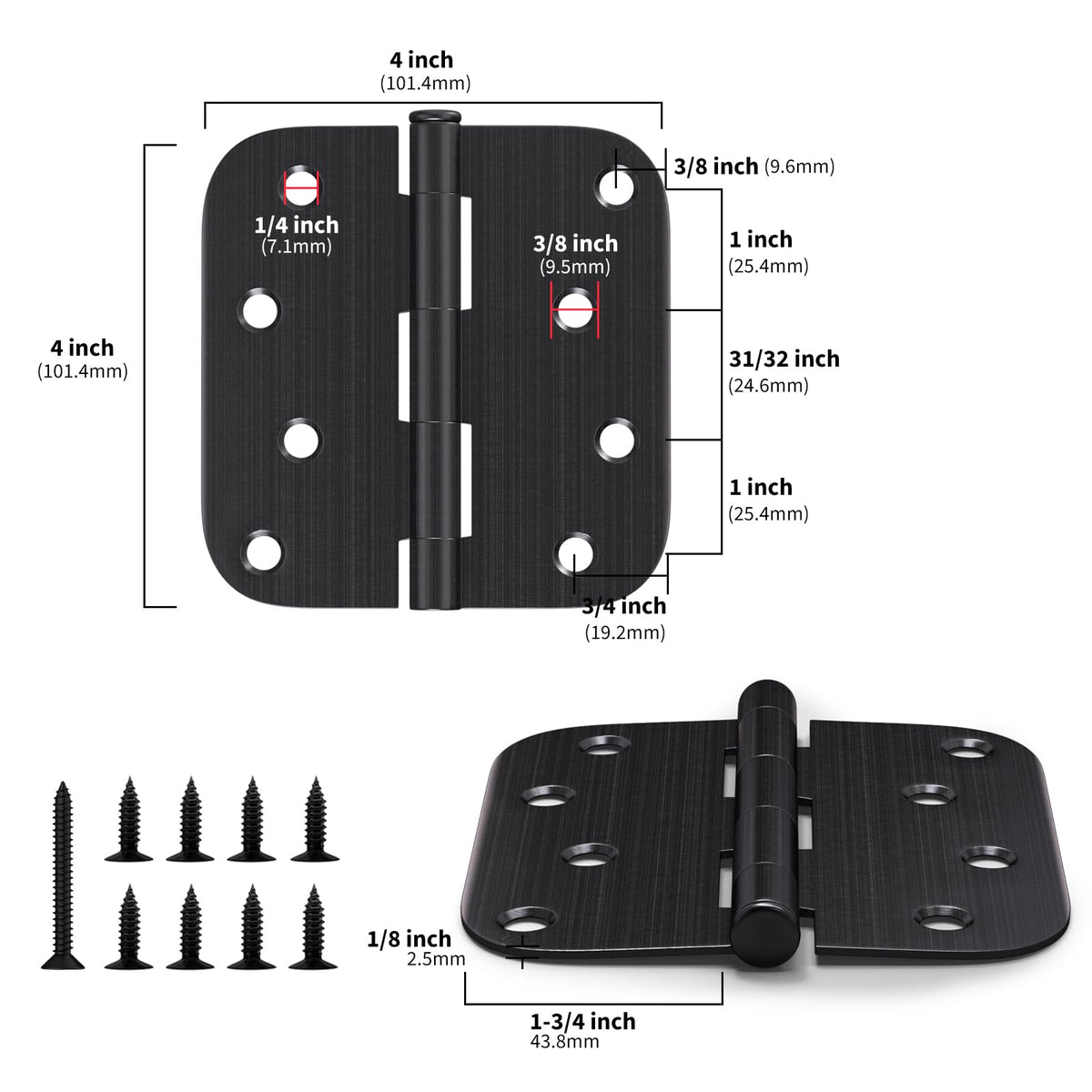 3 Pack 4 inch Oil Rubbed Bronze Door Hinges 5/8" Radius Corners