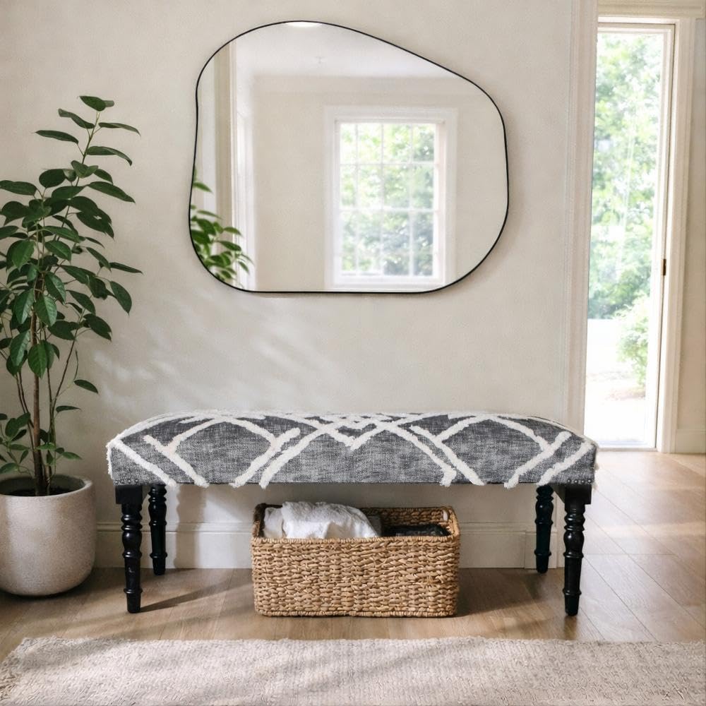 LR Home Black/White Farmhouse Striped Accent Bench | Upholstered Seating, or Entryway | 47" D x 16" W x 18" H