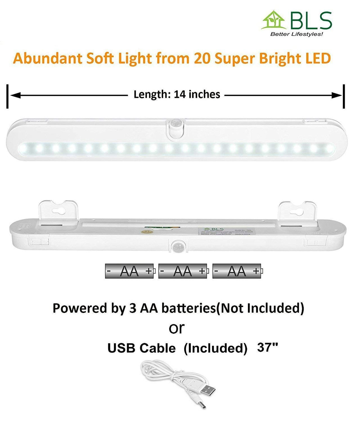 T01L LED Closet Light Super Bright 20 LED Under Cabinet Lighting Battery Powered/DC Input Wireless Motion Sensing