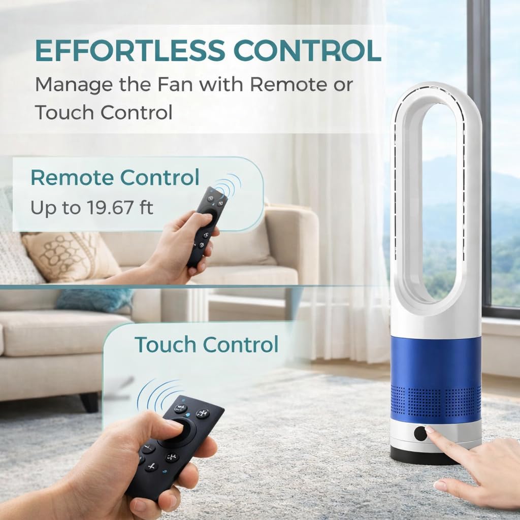22" Bladeless Tower Fan with Remote Control, 80° Oscillating Tower Fan , 8 Speeds, 8H Timer, Quiet Cooling Fan with