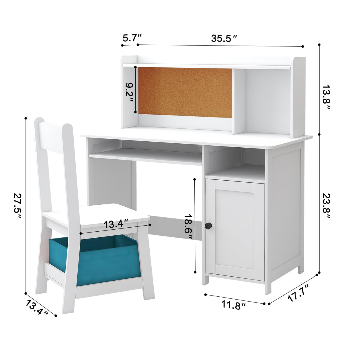 Kids Desk and Chair Set, Kids Desk Chair with Storage, White