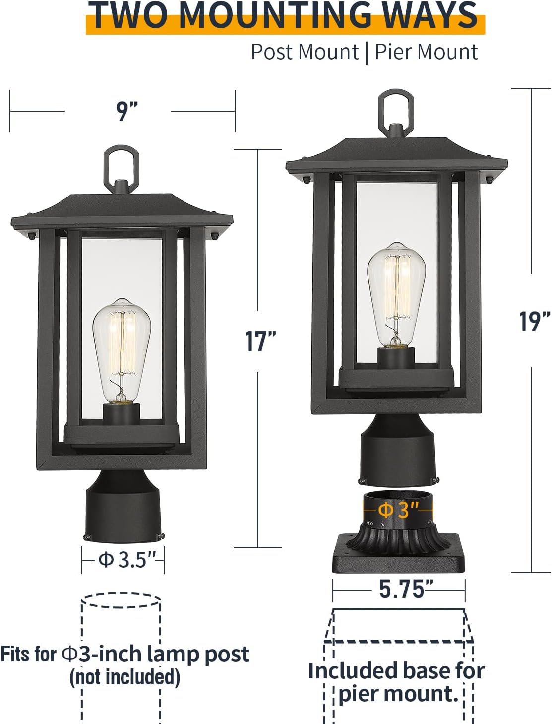 Outdoor Post Light, Large Exterior Lamp Post Light Pier Mount Lantern with Base