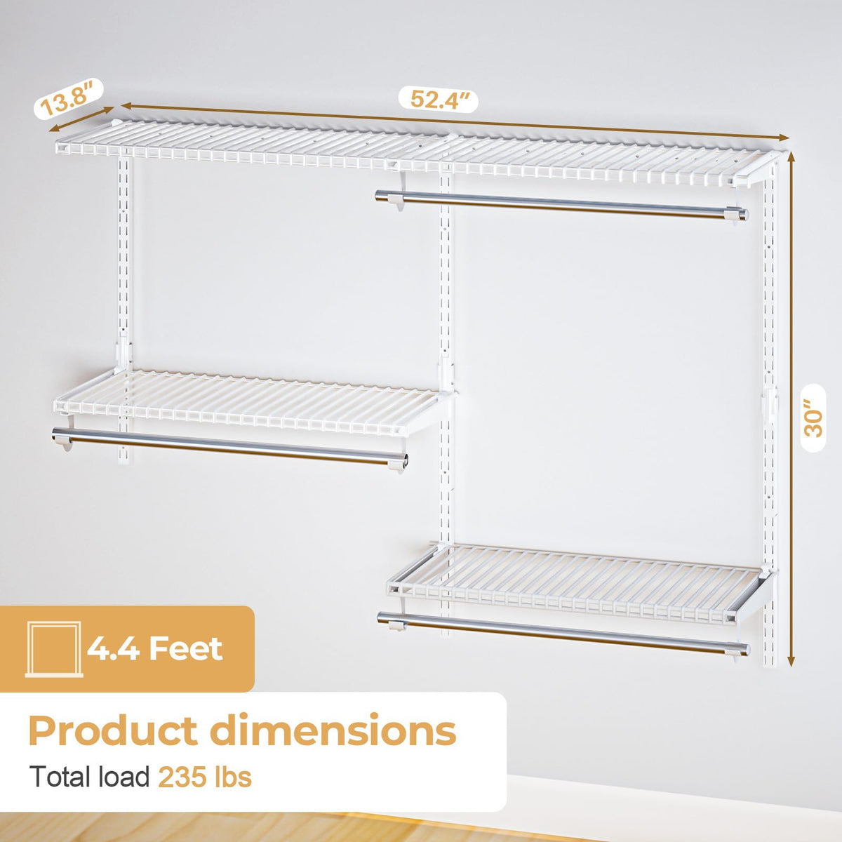 Sturdy Closet Organizer System: 4.4 Ft. Custom Metal Wire Shelving