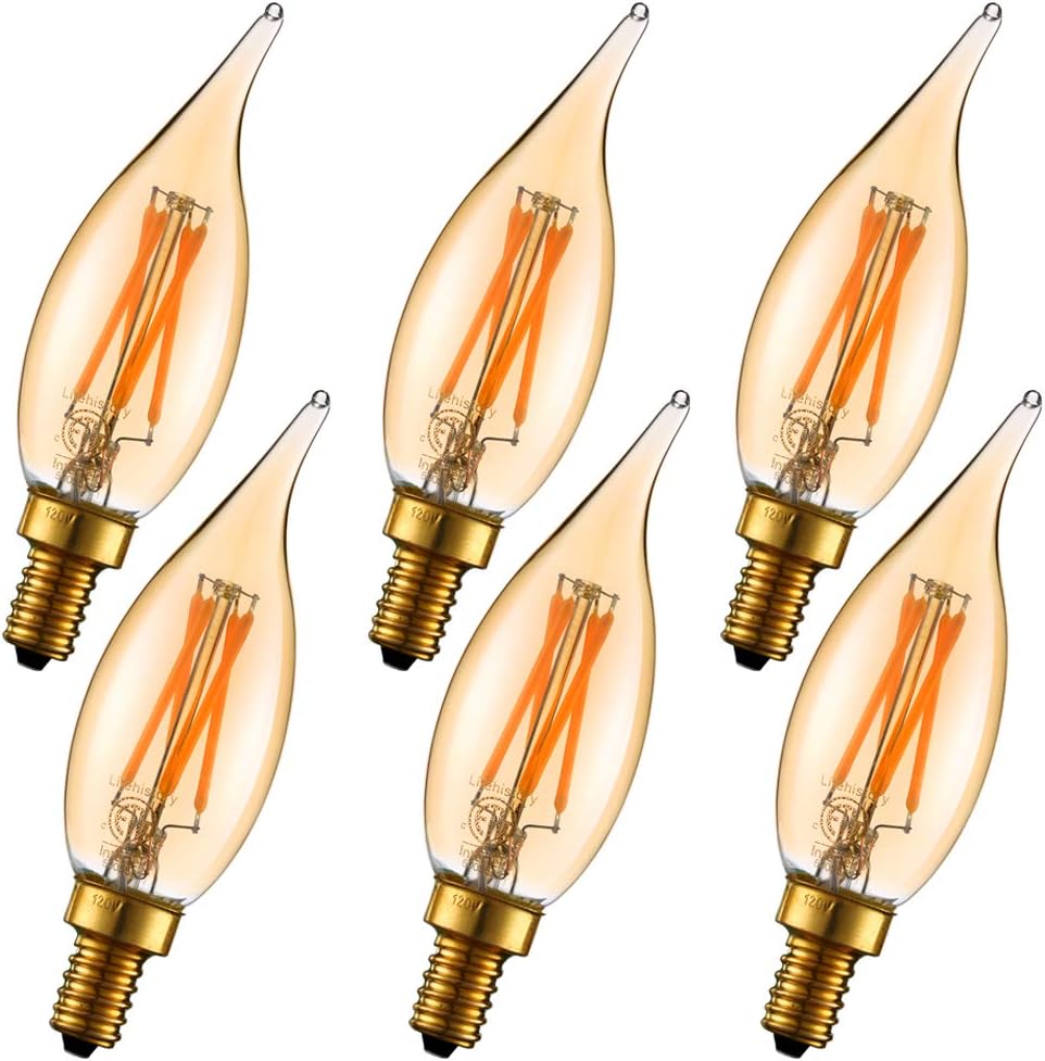 CA10 E12 Candelabra Bulb 40 watt,Amber Light Bulbs,2200K,6Pack