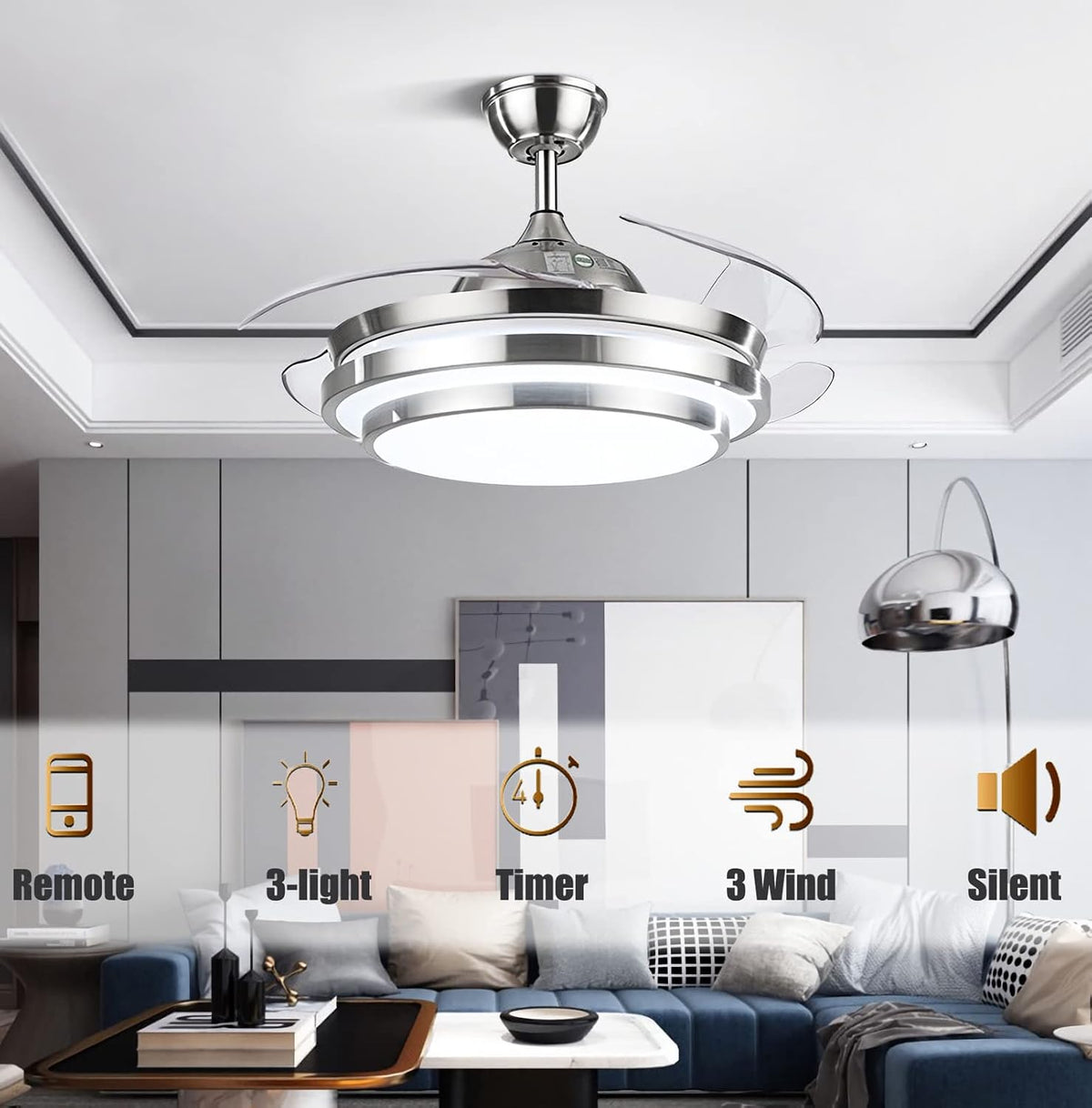 42" Modern Ceiling Light with Fans Remote Control, 4 Retractable Blades with 3 Light Color Change Ceiling Fan for