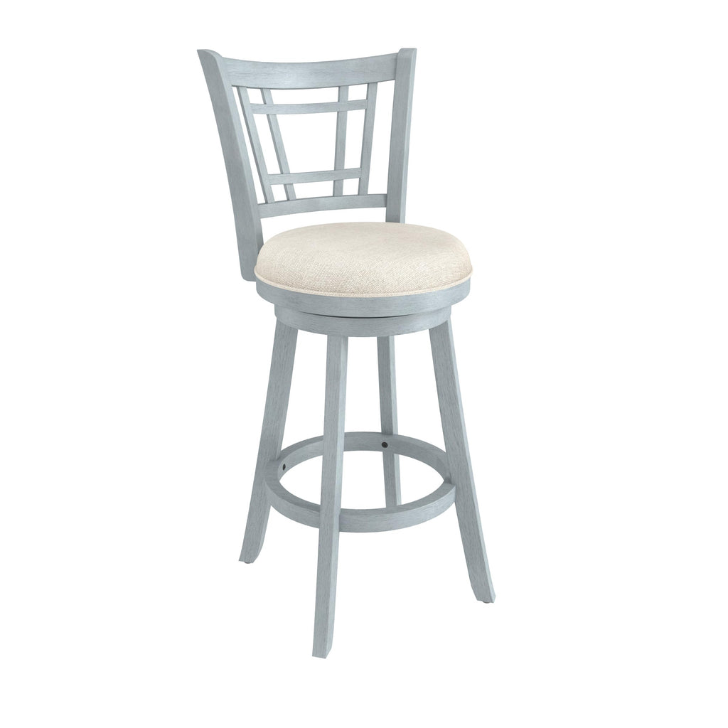 Inspired Bertoia Style Fairfox 30.5" Wood Swivel Bar Height Stool, Blue Wire Brush