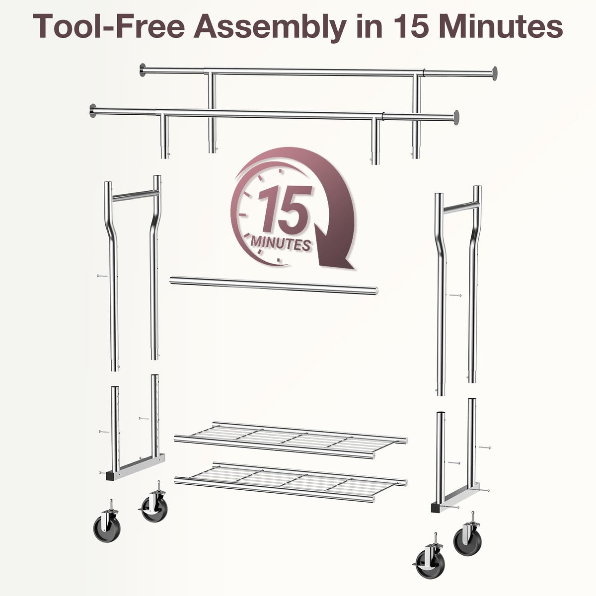 Heavy Duty Clothes Rack Load 960LBS, Adjustable Three Rods Rolling Garment Rack with Double-Layer Bottom Shelf