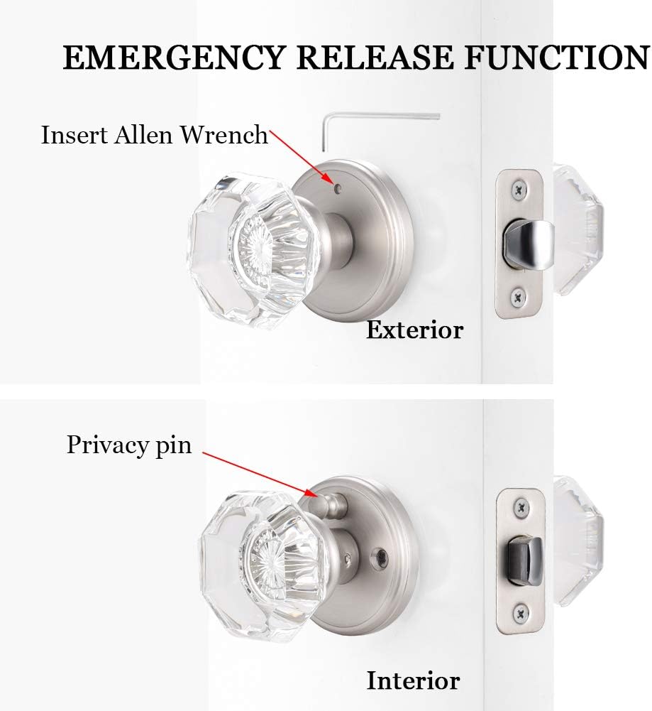 Crystal Glass Door Knobs Interior, Modern Bathroom Bedroom Door Knobs with Lock Privacy Function, Satin Nickel