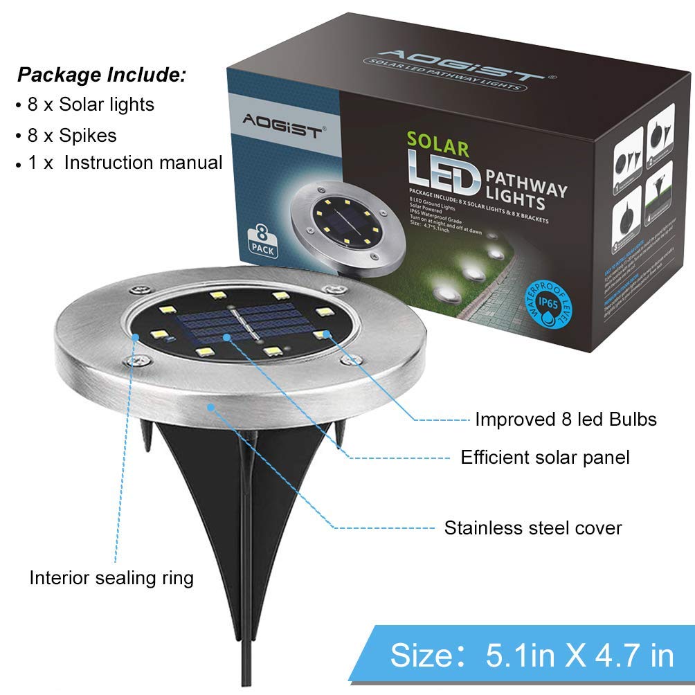 Outdoor Solar Ground Lights, 8 LED Waterproof Garden Disk Lights In-Ground Landscape Lighting for Lawn Patio Pathway
