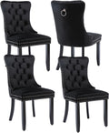 Black Velvet Dining Chairs Set of 4, Upholstered Dining Room Chairs with Back Ring Pull Trim and Solid Wood Legs