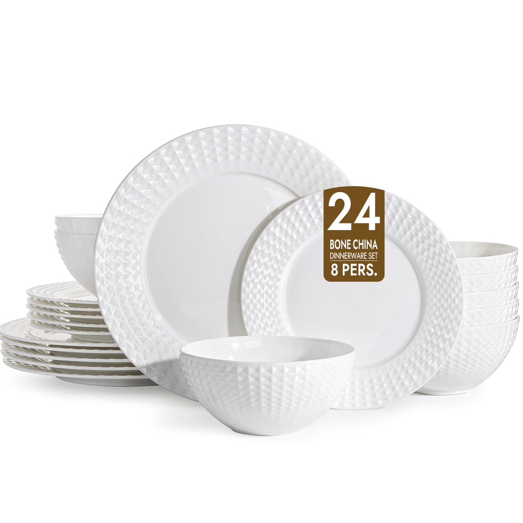 24Pc Rhombus Edge White Bone China Set, Service for 8