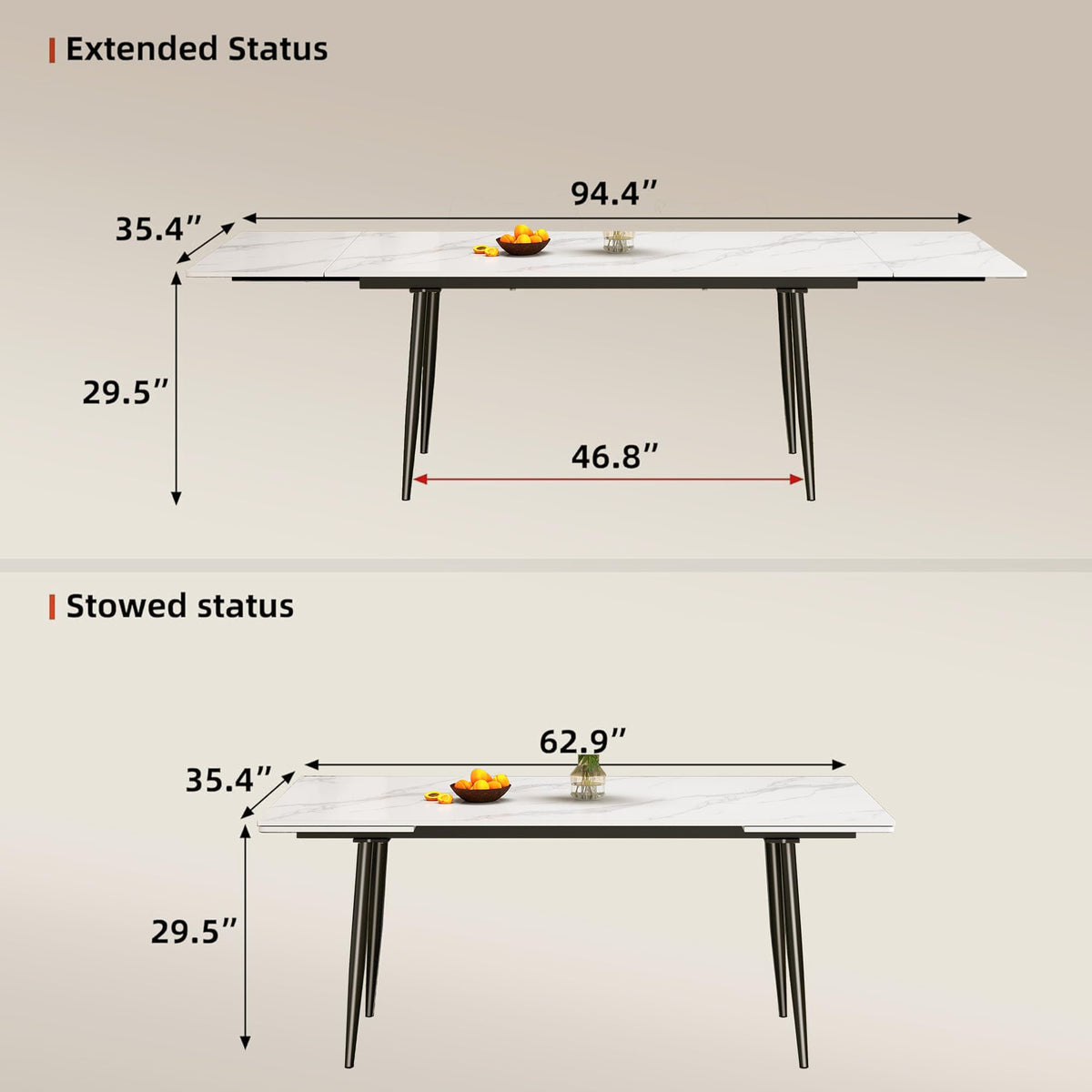 Modern Extendable White Stone Dining Table for 8-10 People, 62.9"-94.4" Rectangular Kitchen Table with Black Metal