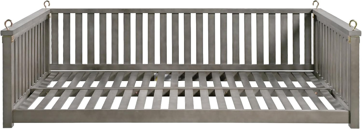 Porch Daybed Swing Outdoor Wooden Swing Bench, Patio Hanging Swing Chair Swinging Bed for Garden, Backyard, Deck, Grey