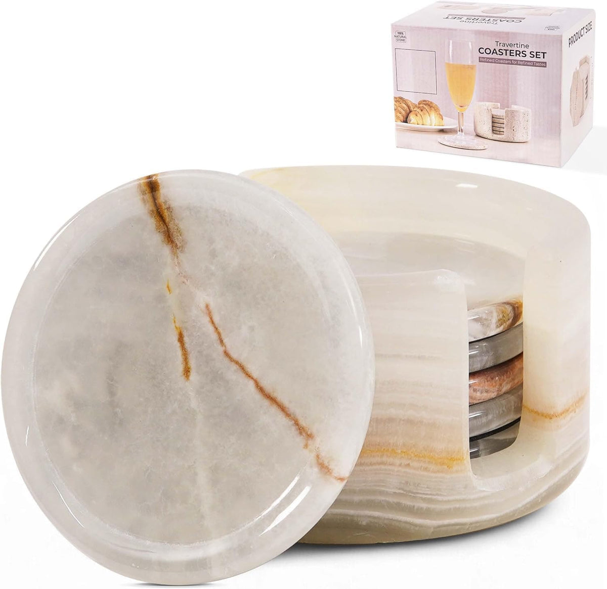Marble Coasters Cream Onyx 3.5 Inch Round Stone Coaster for Drinks with Holder - Ideal Drink Coasters - Set of 6