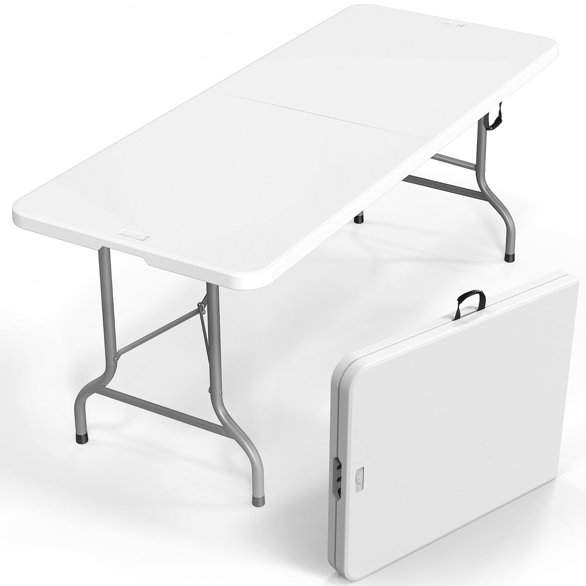 6 Foot Plastic Folding Table Portable Long Table for Indoor Outdoor Use Rectangular with Carrying Handle, Smooth HDPE