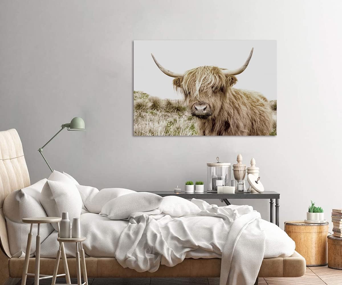 Modern Wall Art Attractive Animals Picture Black and White Background Canvas Highland Cow and Farmhouse Painting