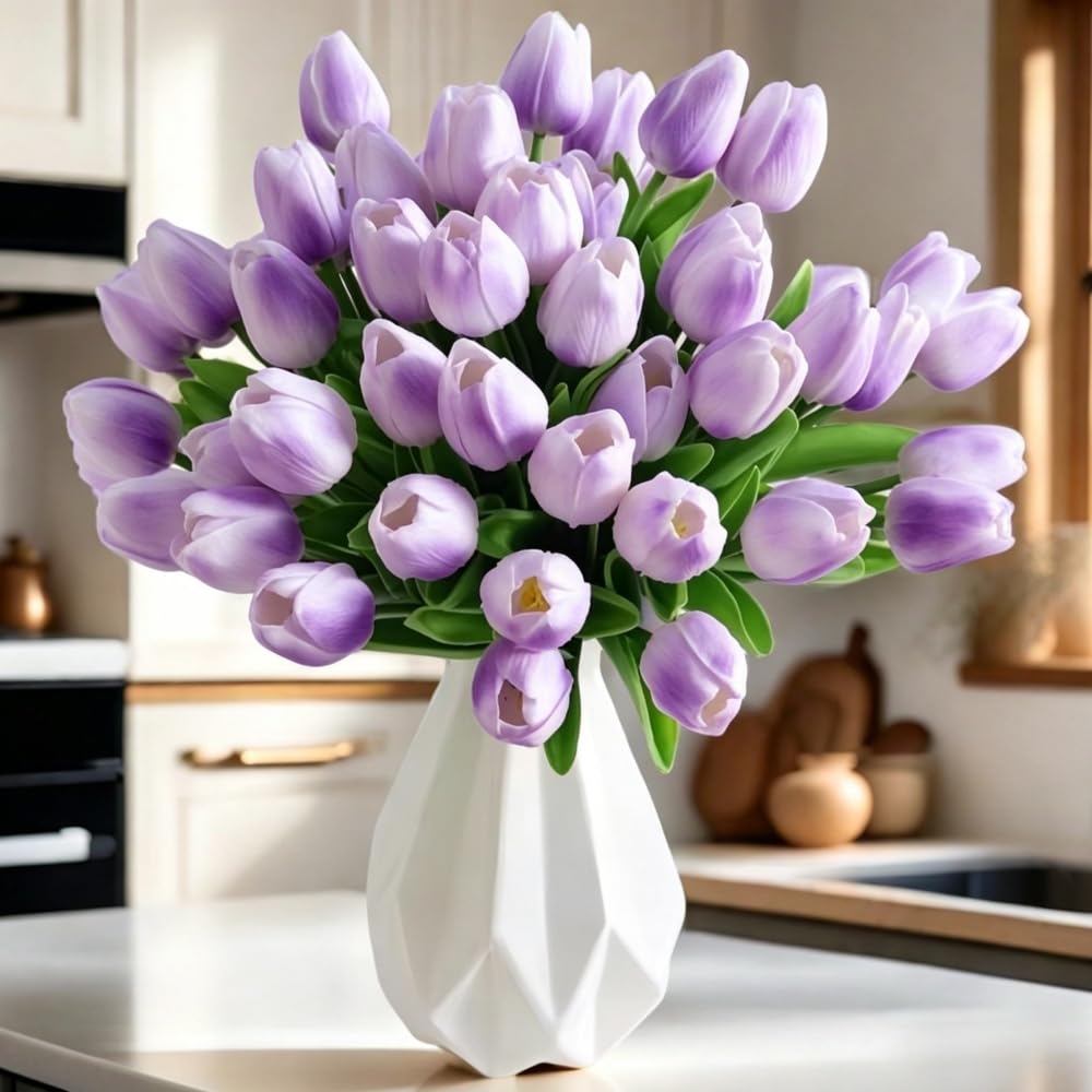 Artificial Tulips 30Pcs Real Touch PU Tulip Fake Purple