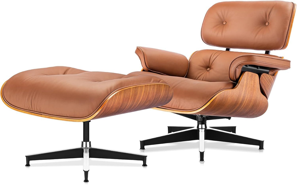 Inspired Eames Style Top Black Grain Leather Mid Century Chaise Lounge Chair and Ottoman, Reading Chair, Leather Accent Chair, Modern