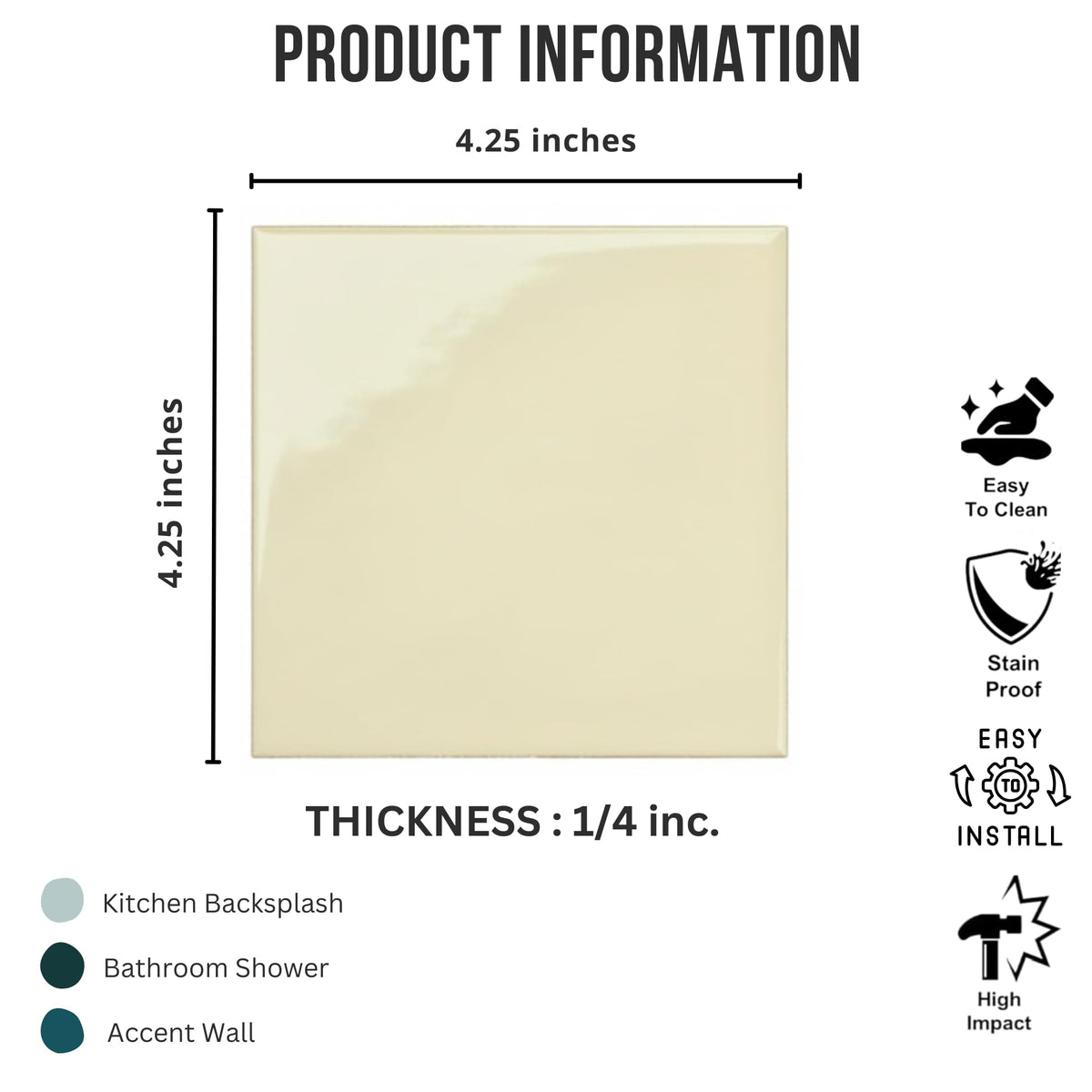 4.25x4.25 Inch Glossy Buttermilk Ceramic Wall Tile by - Box of 10 Pieces (1 Sq Ft) Backsplash, Bathroom, Shower &