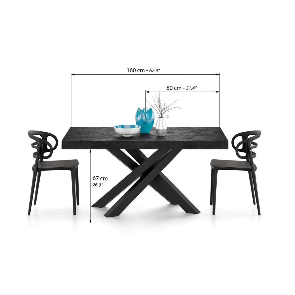 Emma 63(94.5) x35.4 in in, Extendable Dining Table, Concrete Effect, Black with Black Crossed Legs, Made in Italy
