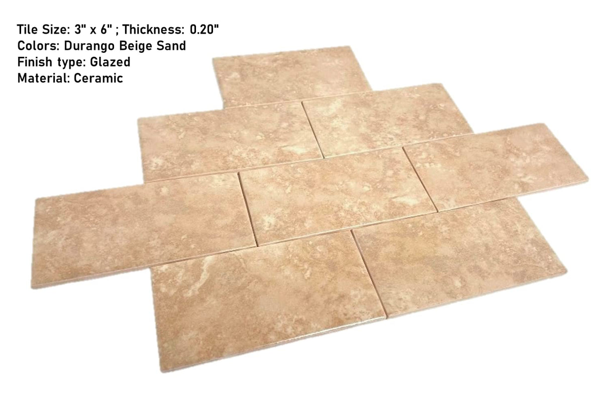 Mediterranean Durango Sand 3x6 Ceramic Subway Tile - Honed Travertine Look Backsplash, Bathroom Shower, Accent Wall