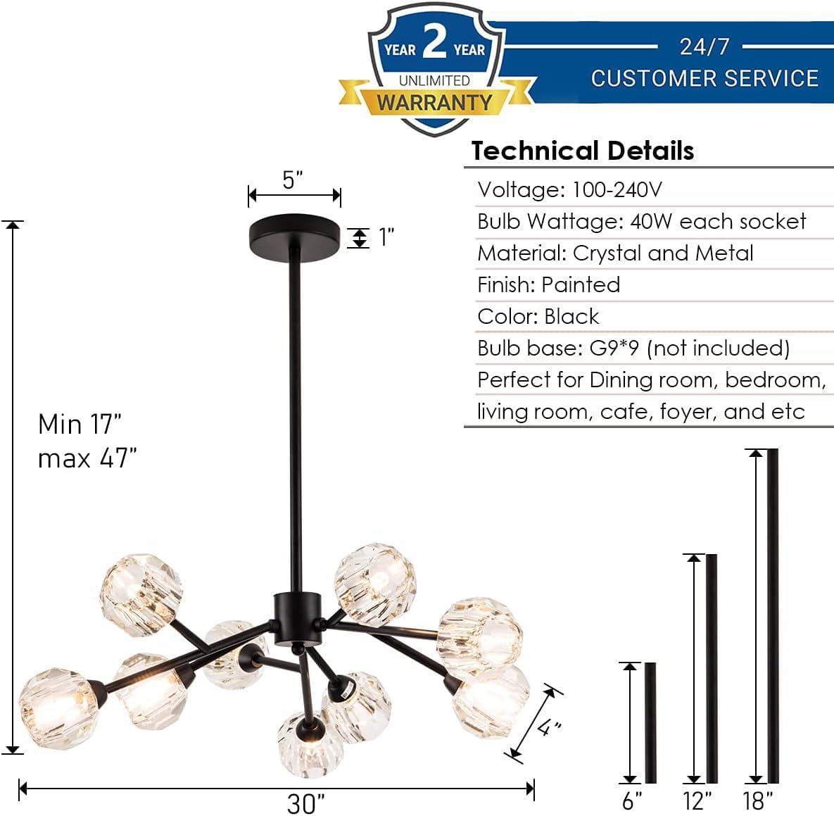 Sputnik Chandeliers for Dining Room Light Fixture Over Table, Modern Crystal Chandeliers, 9 Lights Black Lighting Fixtures for Living Room Bedroom Kitchen Island Bar