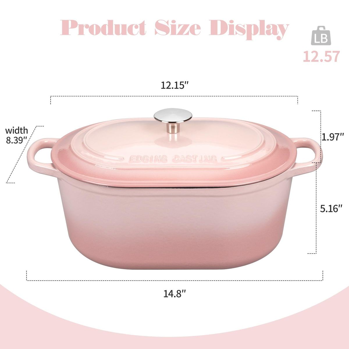 Enameled Cast Iron Oval Dutch Oven, 6QT, Pink