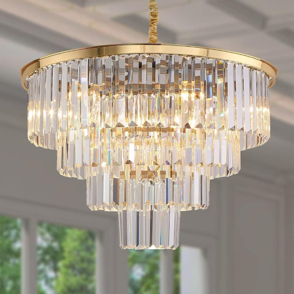 Gold-Plated 4-Tier Crystal Chandelier, Luxe Layered Fixture for Dining and Entry