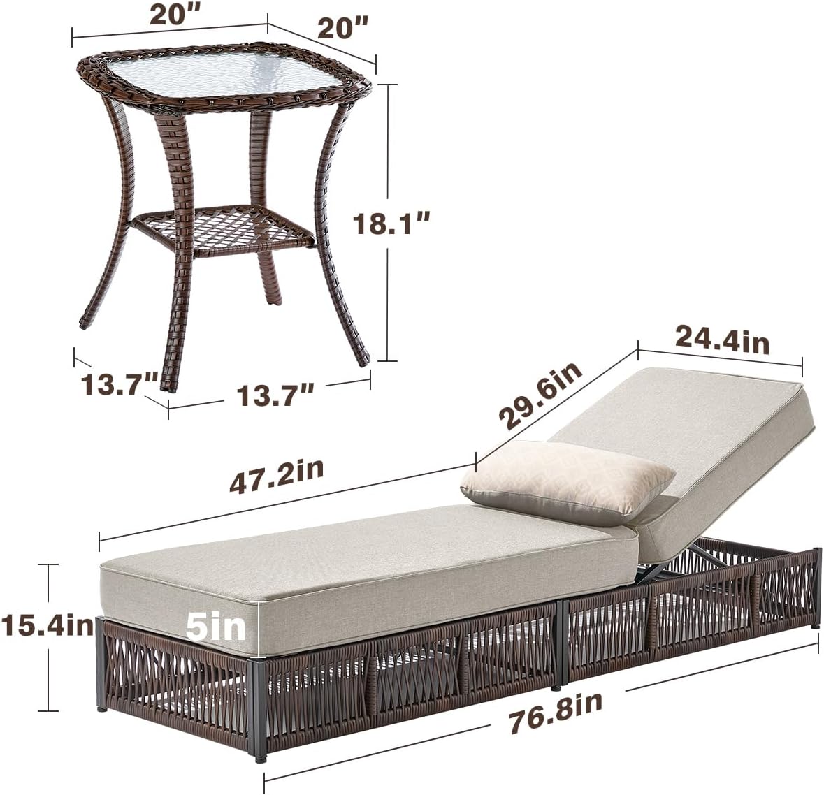 Luxury Outdoor Chaise Lounge Chairs of 4 with 5 Inch Thick Cushions and Side Table