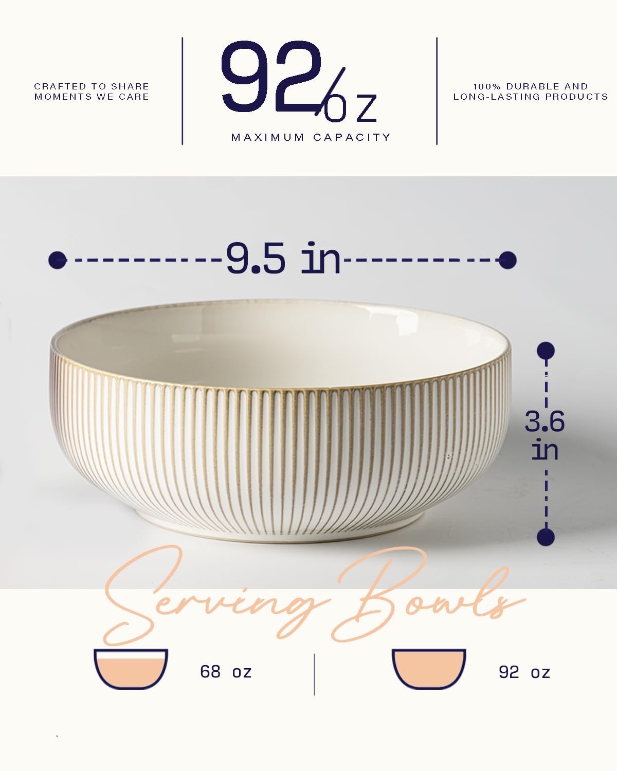 Large Serving Bowls (9.5 inch & 92 fl oz), Ceramic Salad Bowl Set of 2, Microwave and Dishwasher Safe