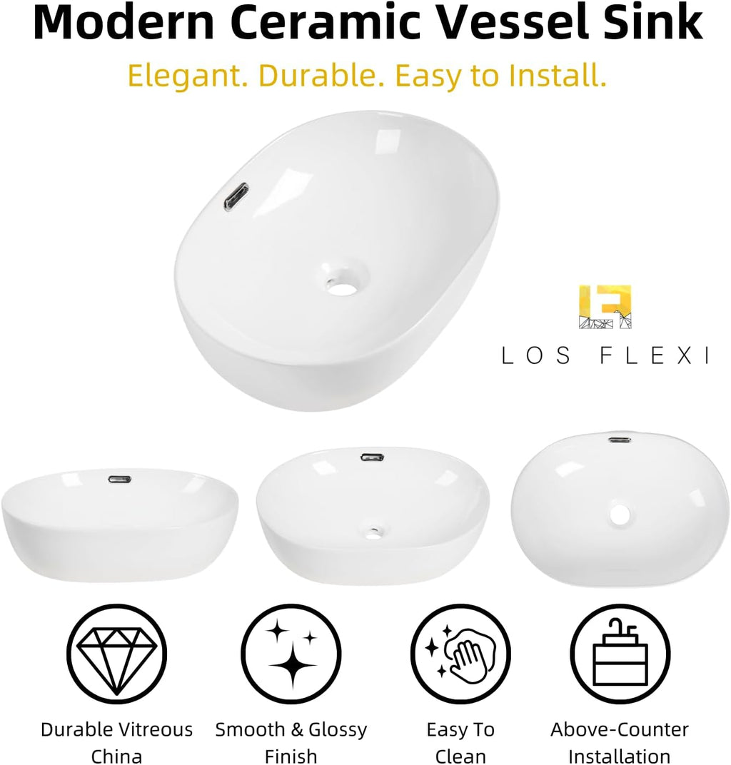 19"W x 14"D Oval Vessel Sink with Overflow, Los Flexi 19 Inch Oval White Ceramic Countertop Bathroom Sink