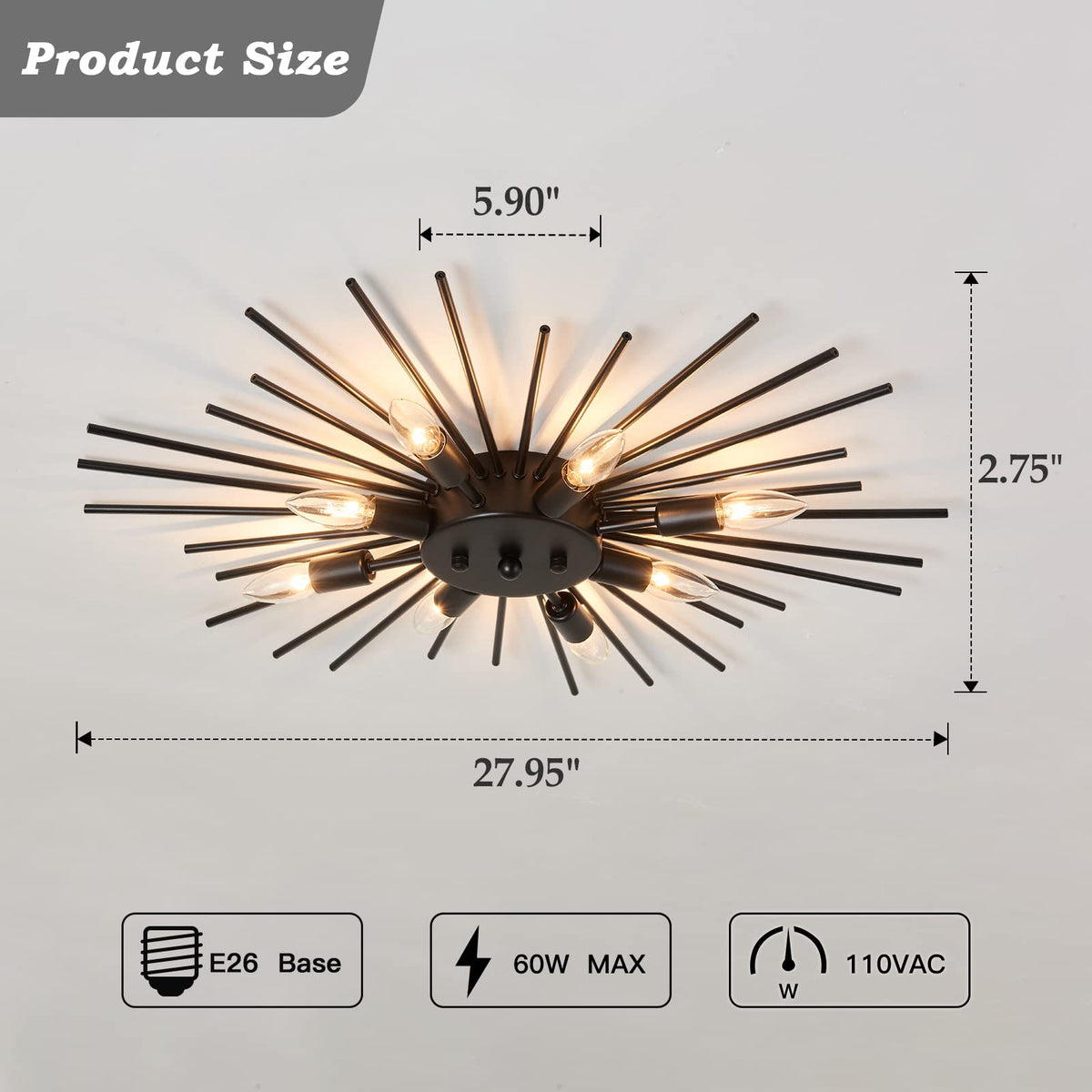 Semi Flush Mount 8 Light Ceiling Light Modern Metal Ceiling Lighting Black Light Fixture for Farmhouse Kitchen Dining