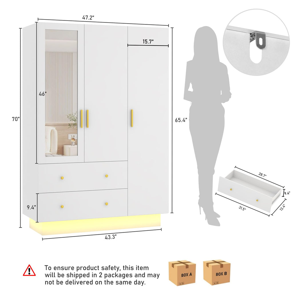 3 Doors Armoire Wardrobe Closet with Mirror, LED Armoire with Doors and Drawers, Wooden Wardrobe Storage Cabinet with
