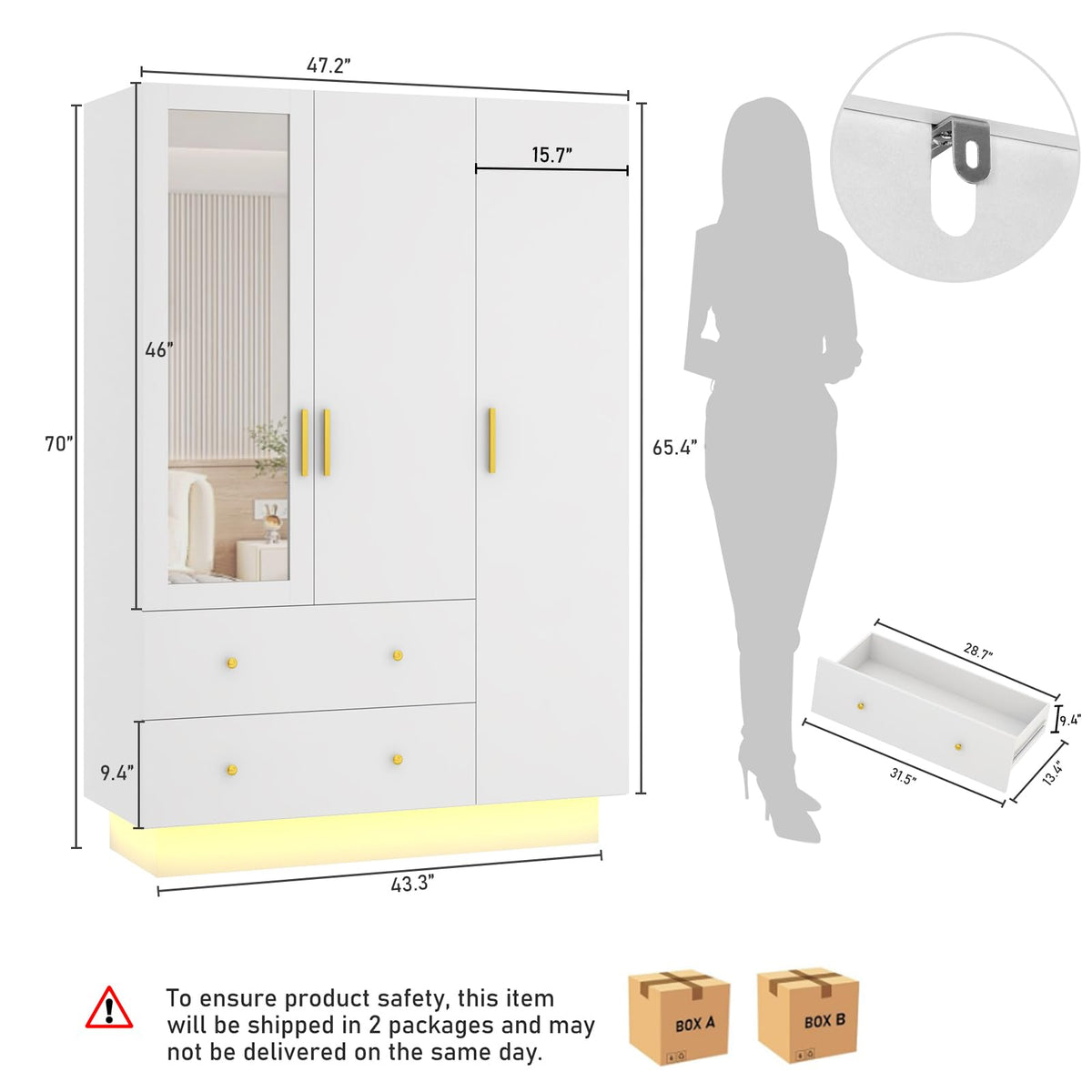 3 Doors Armoire Wardrobe Closet with Mirror, LED Armoire with Doors and Drawers, Wooden Wardrobe Storage Cabinet with