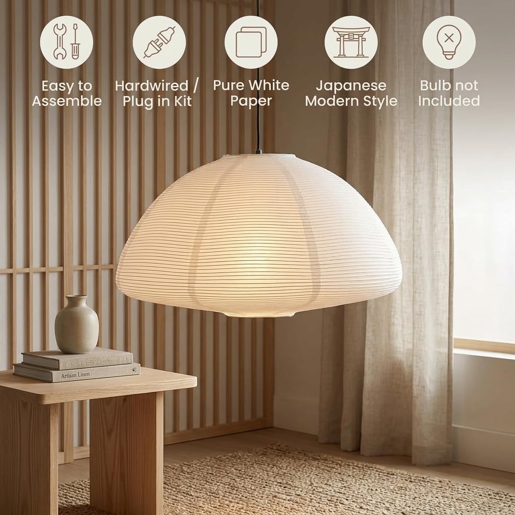 Inspired Noguchi Style Rice Paper Lantern Lamp • Paper Lantern with Light - Ambient Lighting with Rice Paper Lamp Shade, Perfect Decor, Easy