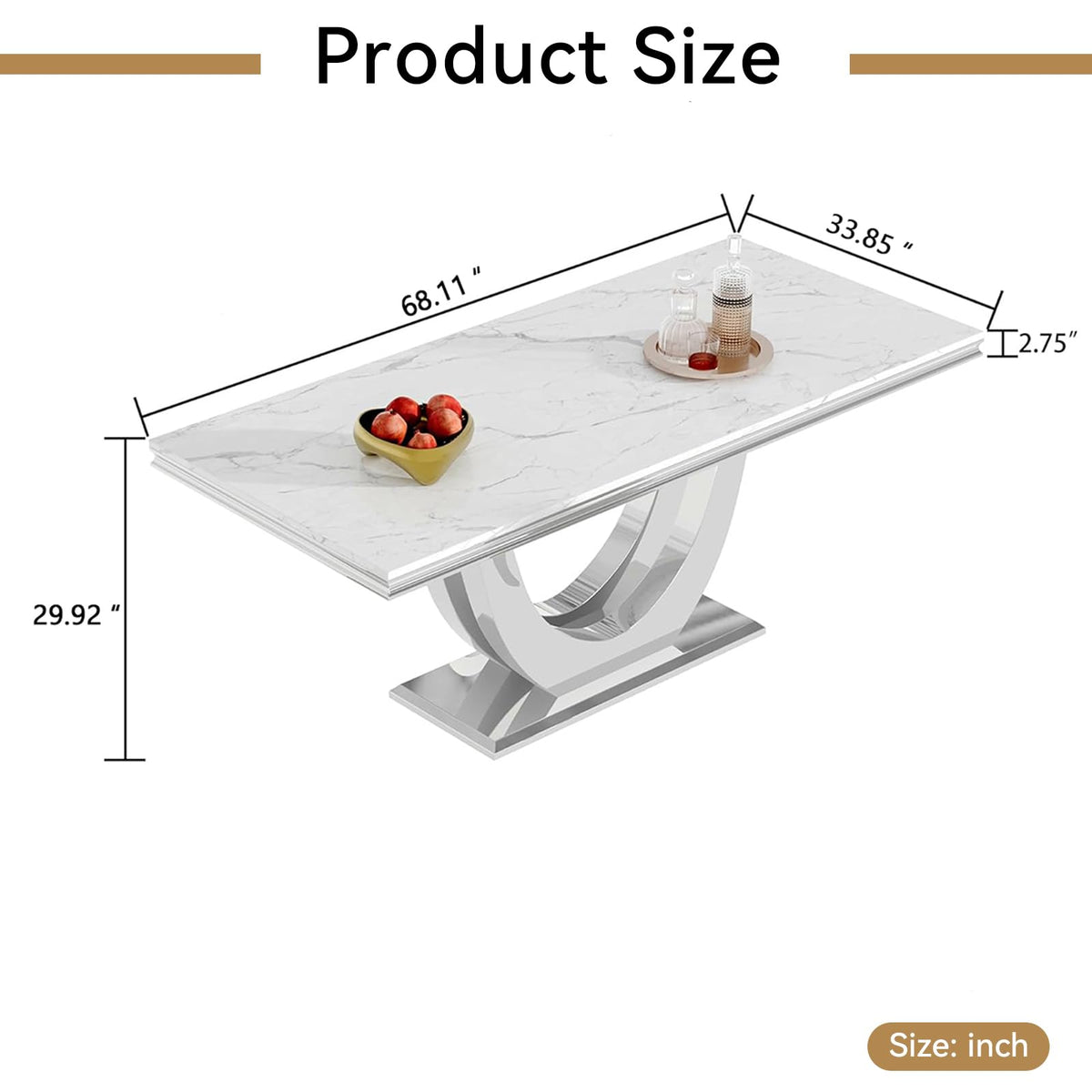 Inspired Saarinen Style White Marble Dining Table Luxury Faux Marble Kitchen Table with U-Shape Mirrored Pedestal Base, 68" Rectangular White