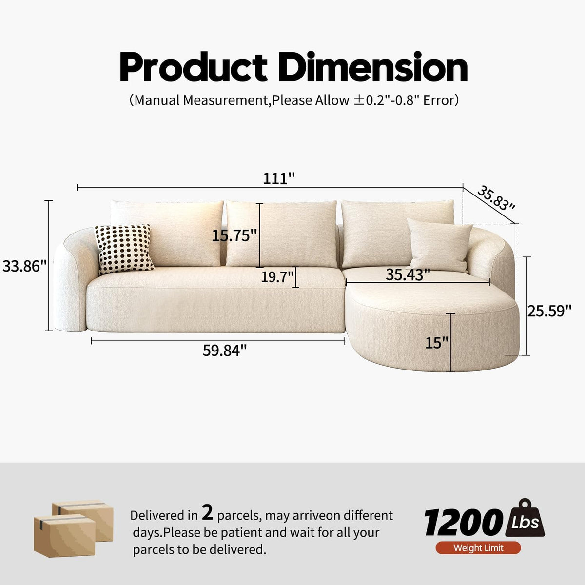 111" Modular Sectional Couches Luxury Modern Curved Back Sofa,Minimalist Comfy L-Shape Boneless Cloud Couch for Living