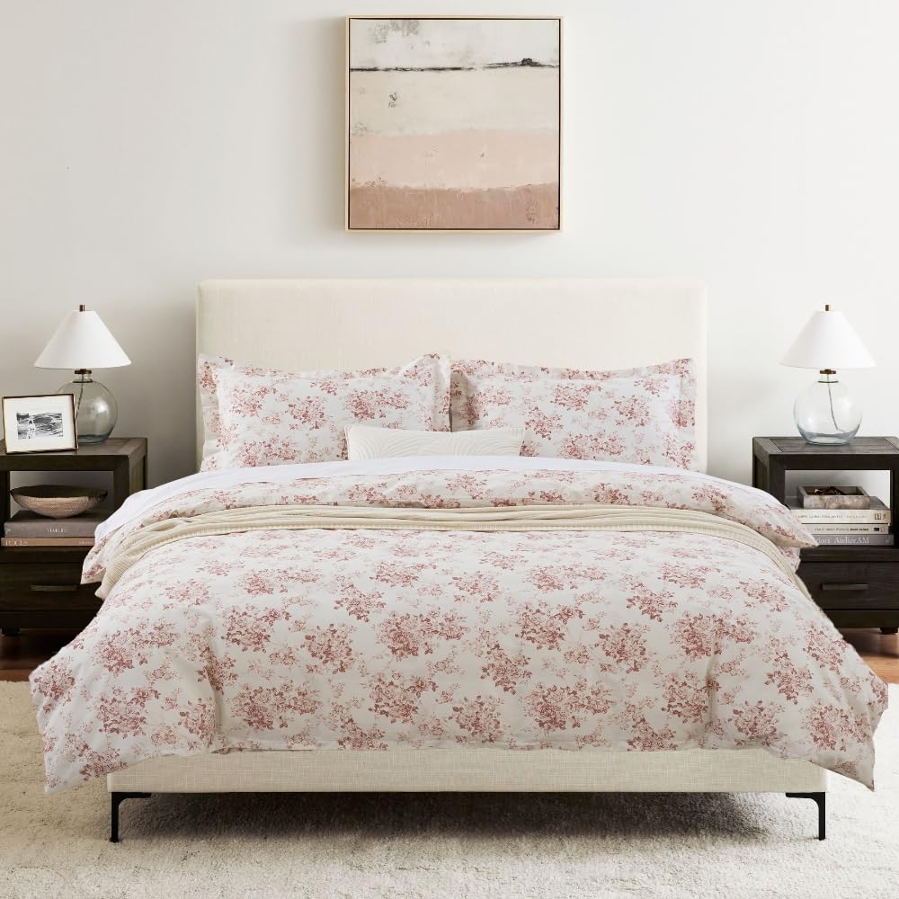 Duvet Cover Set - 90"x90" Cover + 2 Shams, 100% Cotton Print Bedding Sets, Toile Rose Floral Pattern, Pale