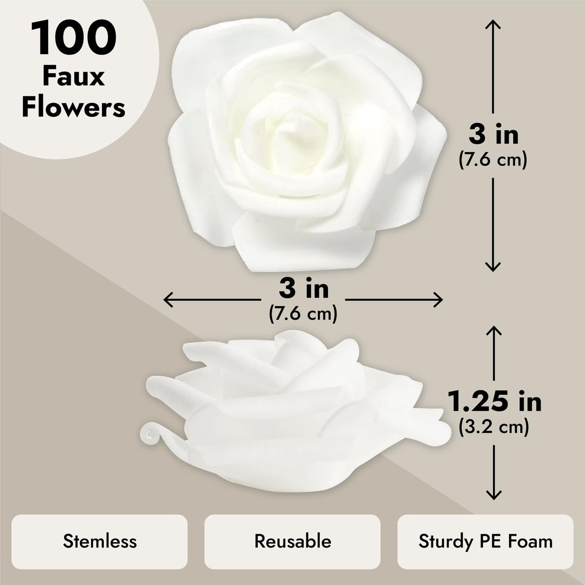 White Flowers Artificial Roses - Artificial Flowers for Wedding Decor & Centerpiece Table Decorations - 100-Pack, 3