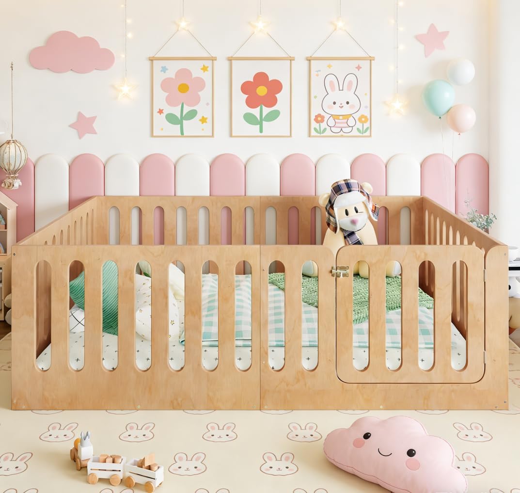 Floor Bed with Door for Kids, Floor Bed with High Fence, Wooden Montessori Beds for Kids, Natural no