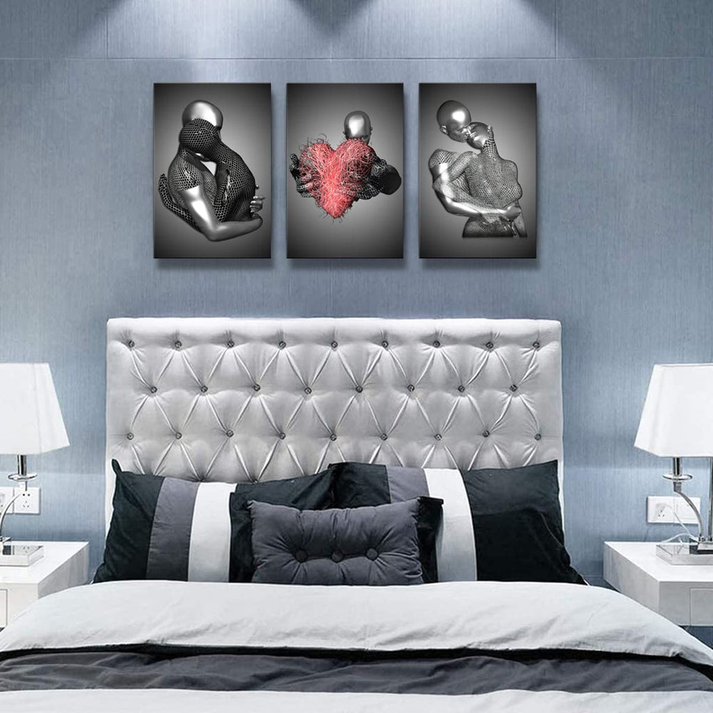 Framed Love Heart 3d Wall Art Romantic Couple Hug Abstract Art Prints Posters Decor Grey Black and White Canvas