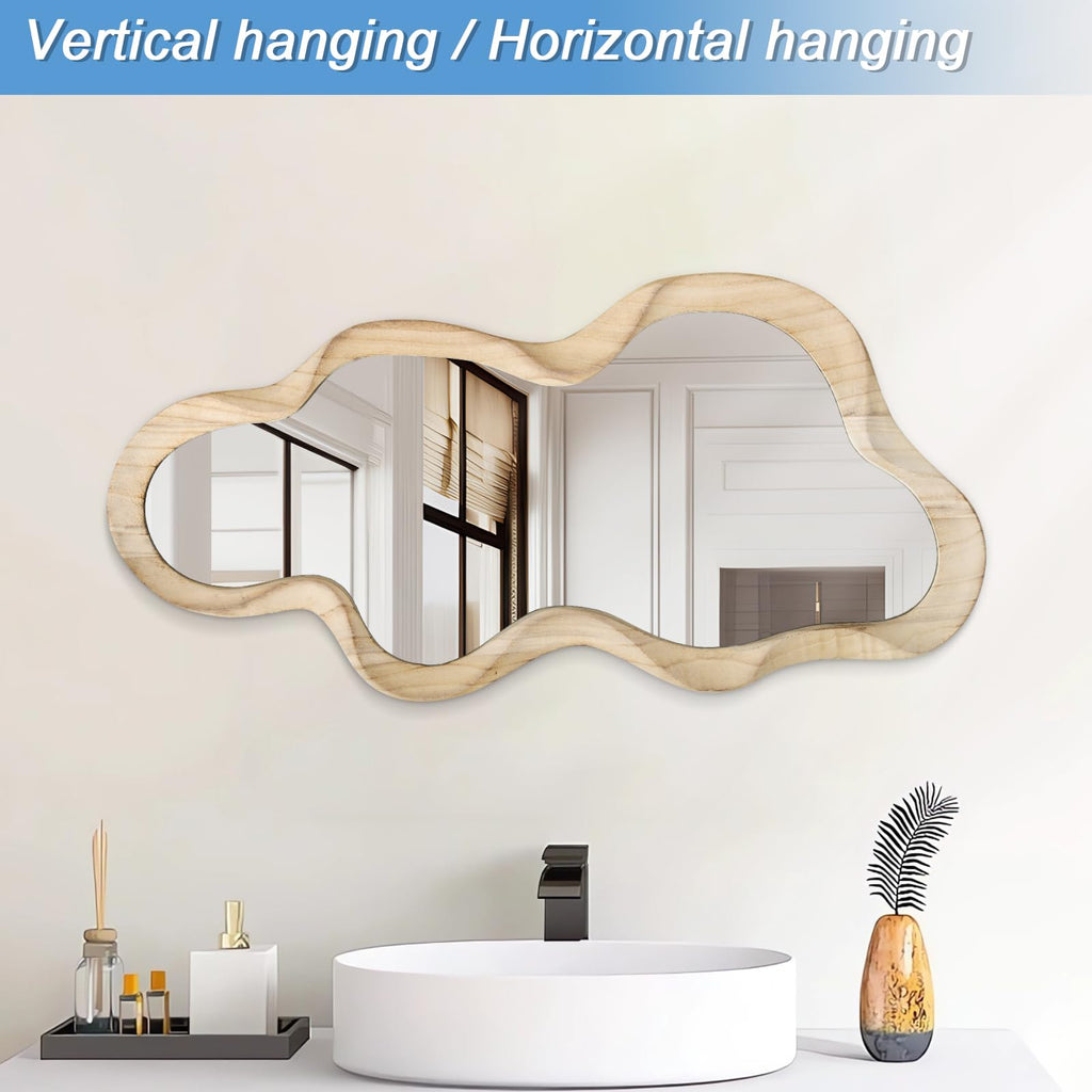Large Asymmetrical Mirror, Irregular Cloud Wall Mirror Wood Frame Mirror
