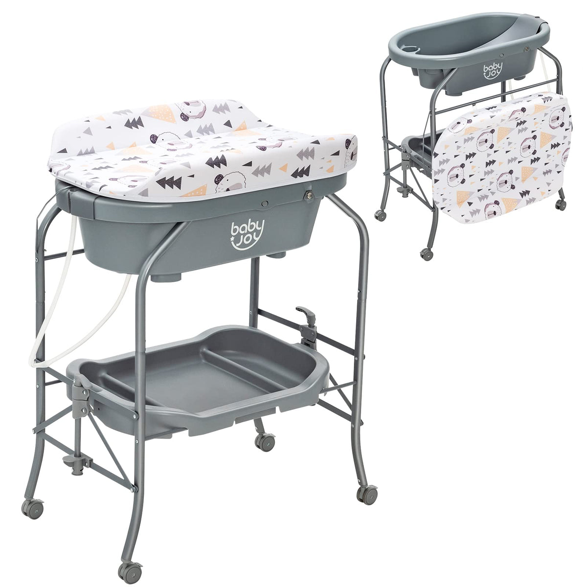JOY Baby Bathtub with Changing Table, Foldable Infant Diaper Changing Station with Storage Tray, Waterproof Pad